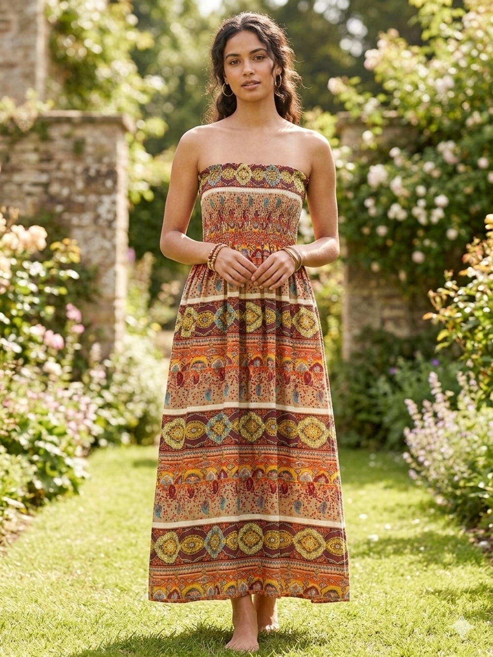 Speed Control Strapless Maxi Dress in Burnt Orange and Gold Pattern